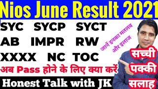 Nios June Result 2021, SYC, SYCP, SYCT, AB,IMPR, RW, XXXX, NC,TOC, अब Pass होने के लिए क्या करें