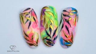 New Colours Arrival  Amazing summer nail art with blooming gel and gold chrome leaves. Summer nails