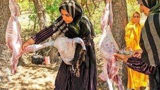 A village woman grilling kebab on a scenic mountaintop during a pleasant day