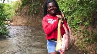 African village girl slaughtering sheep for food part two