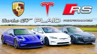 Кто победит в заезде: Porsche Taycan Turbo GT или Tesla или же Audi RS GT?