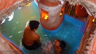 Build Underground Secret Pool House, Fish Pond And grass Roof House, Water Slide Swimming Pool