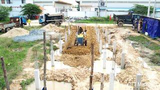 So Nice Starting New Project Fill The Land Home Foundation By Old Bulldozer Pushing Soil With Trucks