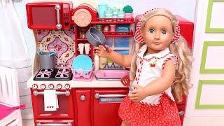 Doll's new red kitchen! Play Dolls cooking adventures