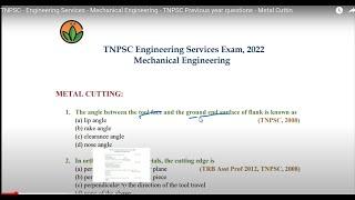 TNPSC - Engineering Services - Mechanical Engineering - TNPSC Previous year questions - Metal Cuttin