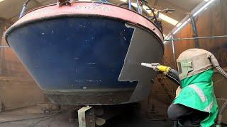 Removing Rust/Paint/Algae/Slime off this Dutch barge, Repainting Narrowboat Restoration SandBlasting