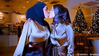 Two festively dressed women kiss during the Christmas season #wlw #womensfashion #womenlovewomen