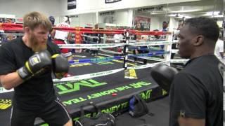 MMA star Emil Weber Meek padwork with boxing trainer Jeff Mayweather