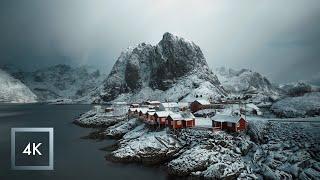 Snowfall in The Lofoten Islands, Norway, Nature Sounds for Sleep, Hamnøy and Reine | 4K