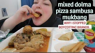 MAHASHI ARABIC STYLE DOLMA STUFFED VEGGIES WITH MEAT AND PIZZA SAMBUSA MUKBANG