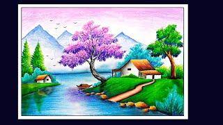 Oilpastel Scenery Drawing || Beautiful Scenery Drawing || Violet Tree Scenery Drawing