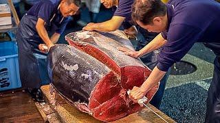 Fish market in Japan. Tourist's cheap meal. Hiroshima.