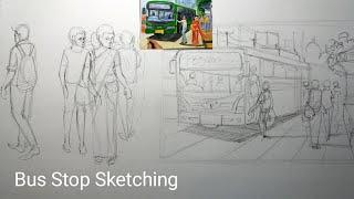 Bus Stand Composition Sketching/Bus Stop Drawing