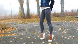 Extreme walking, extreme shoes, high heels, thin sole shoes, tights and jeans, video for Stefan