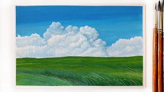Peaceful Landscape Painting with Gouache ｜ Windy Meadow