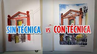 Una ACUARELA sin técnica y la otra con técnica | Antes y Después Dibujo Urbano | Juan Linares |