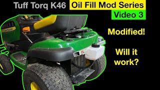 Filling a modified Tuff Torq K46 / T40 transaxle while ON the mower (Oil Fill Mod Series Video 3)