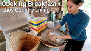 Country life in Laos, cooking breakfast, eating organic from the farm