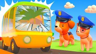The yellow bus needs help! A police car is ready to go. Helper Cars for kids. Cartoons for kids.