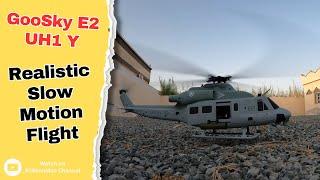 Slow motion sights and sounds of rc Huey UH1 Y Venom helicopter taking off