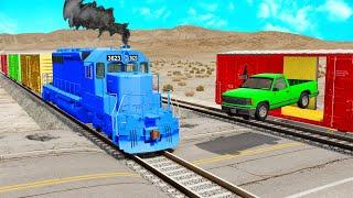 Cars vs Rails and Trains - Small cars crossing rails - BeamNG