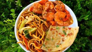 Pepper Shrimp, Vegetable Lo Mein, Scallion Paratha, Fried Rice & Chunky Veg! #CookWithMe
