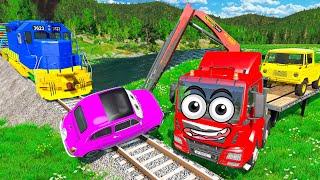 Double Flatbed Trailer Truck Rescue Funny Cars - Cars vs Rails and Trains - BeamNG.Drive