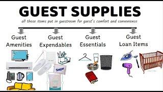 Guest supplies in hotel room; guest amenities/Expendables/Essentials/Loan items//Hotel Housekeeping