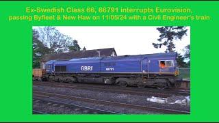 Ex- Swedish Class 66, 66791, interupts Eurovision with a Civil Engineer's train - Byfleet, 11/05/24