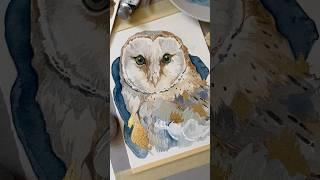 Barn owl portrait reworking with acrylic painting, watercolor and golden leaf #owlart #artprocess