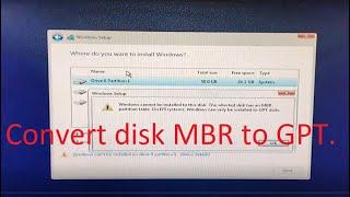 Windows cannot be installed to this disk. Tidak bisa instal Windows 10, Convert MBR to GPT disk.