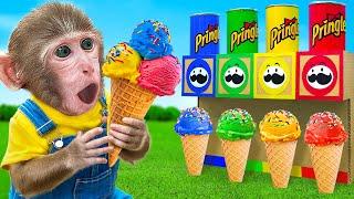 KiKi Monkey explore Four Colors Ice Cream Machine by Four Elements Challenges | KUDO ANIMAL KIKI