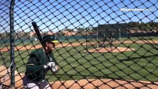 LHP Brad Mills throws live to 3B prospect Renato Nunez as part of #Athletics first full workout.