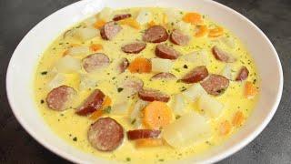 Kohlrabi carrot soup or stew with Cabanossi sausage, delicious soup recipe with potatoes