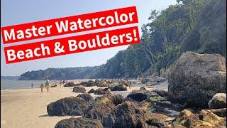 Watercolor Painting Demo: A Beach Scene with People, Boulders, and Trees