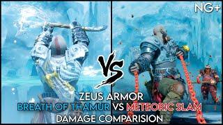 ZEUS ARMOR BREATH OF THAMUR VS METEORIC SLAM DAMAGE COMPARISON | GOD OF WAR RAGNAROK NG+