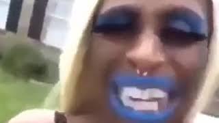 Black lady speaks gibberish with blue lipstick