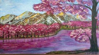 Горы и сакура. Рисуем акрилом. Mountains and sakura. Draw with acrylic.