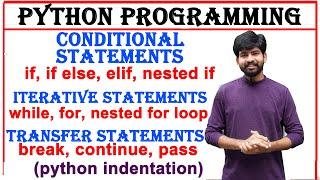 control flow statements, conditional statements, iterative statements, transfer statements in python