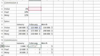 Excel: exercice on cell referencing by calculating sales commssions