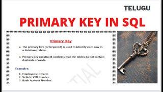 Primary Key ️ In Sql - Telugu