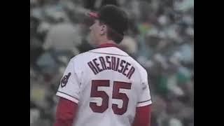 Mark McGwire Hits a homer off Orel Hershiser, dents scoreboard (4/30/97)