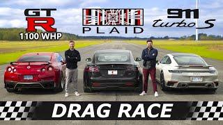 Tesla Model S Plaid vs 911 Turbo S vs 1100 WHP Nissan GTR // DRAG & ROLL RACE