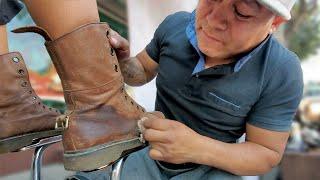 DR. MARTENS BROWN BOOTS TRANSFORMATION!!! Street Shoe Shine by Machine Man in Mexico City  ASMR