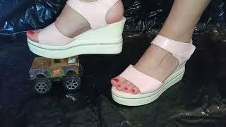 Extreme High Heels Lady L crush brown toy jeep car with pink platform 5 inch high heels.