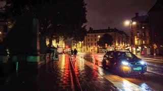 Walking in The Rain in Stockholm - Beautiful Light Reflections at Night (4K)