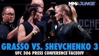 Alexa Grasso, Valentina Shevchenko Hug after UFC 306 Press Conference Faceoff | Noche UFC