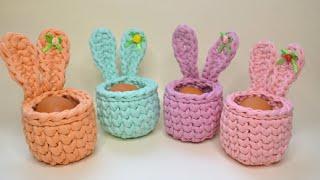 Пасхальная корзиночка с ушками из трикотажной пряжи / вязание крючком /Easter Bonnet