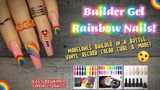 BUILDER GEL NAILS! | EASY RAINBOW DESIGN | MODELONES BIAB, VINYL RECORD COLOR CUBE & MORE!