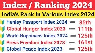 | Index 2024 Current Affairs | Index Ranking Of India 2024 | India Ranking In Various Index 2024 |